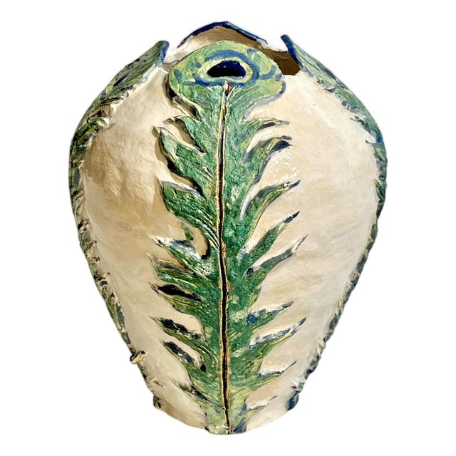 Vintage Italian Earthenware Vase With Stylized Peacock Feather Design For Sale