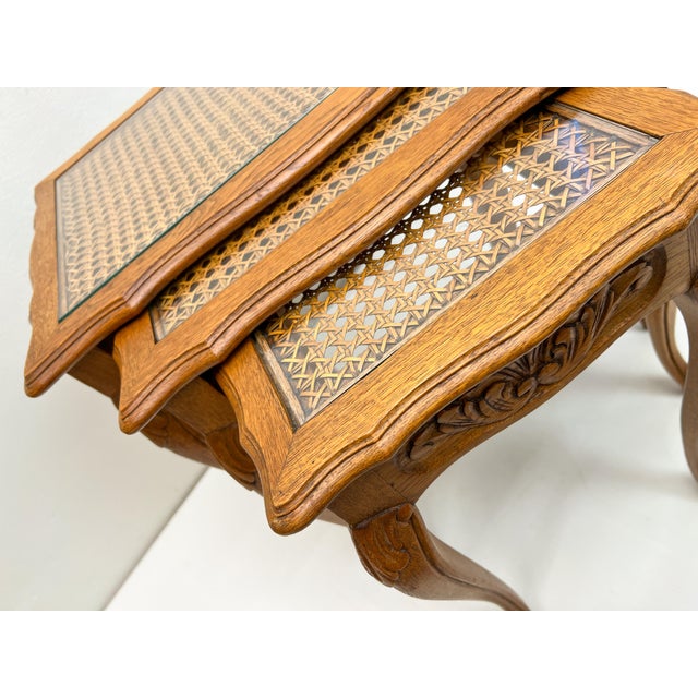 Brown Louis XV Style Carved Wood Nesting Tables with Cane Tops, France, 1950s, Set of 3 For Sale - Image 8 of 16