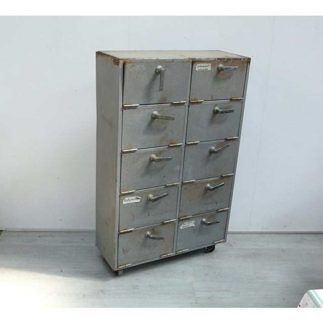 Vintage Industrial Metal Cabinet with 10 Fold-Down Doors on Casters, 1950s For Sale - Image 10 of 10