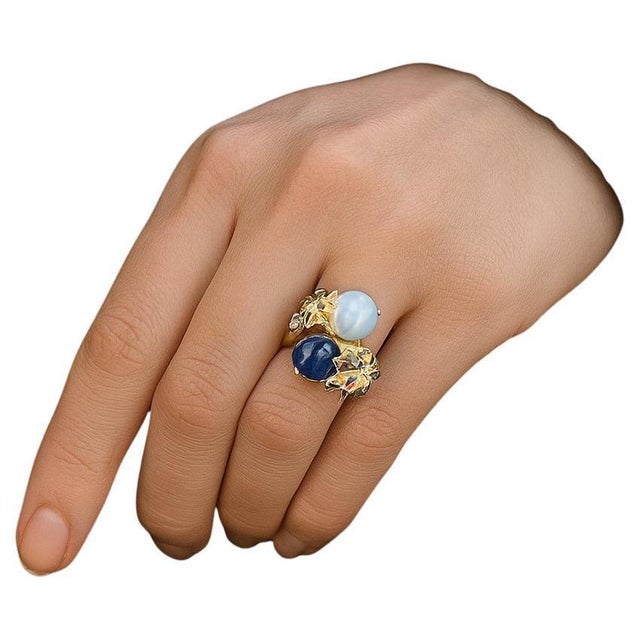 Bochic "Orient" Vintage Diamond, Sapphires & Pearl Ring Set In 18K Gold & Silver For Sale - Image 15 of 18