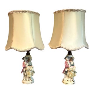 Antique Porcelain French Louis XIV Couple Porcelain Boudoir Lamps With Shades - a Pair For Sale