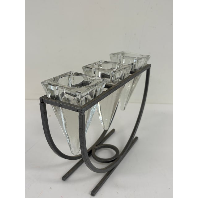 1980s Vintage 1980s Brutalist Iron & Crystal Triple Votive Candle Holder Candelabra For Sale - Image 5 of 12