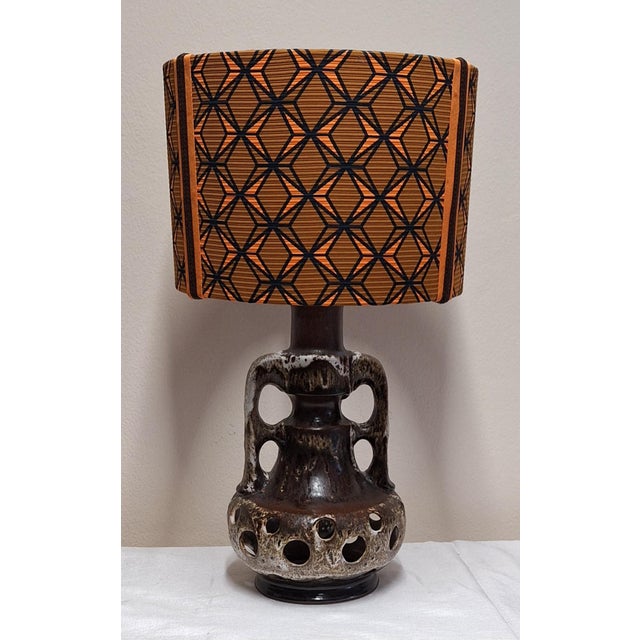 Vintage German Fat Lava Table Lamp with Brown-Grey Ceramic Base and Fabric Shade, 1970s, in Very Good conditions. Designed...