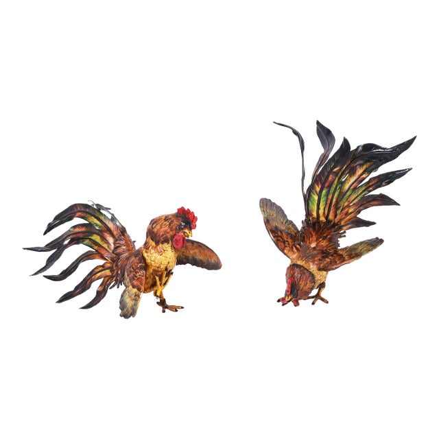 Two Vintage Painted Metal Roosters or Fighting Cocks For Sale