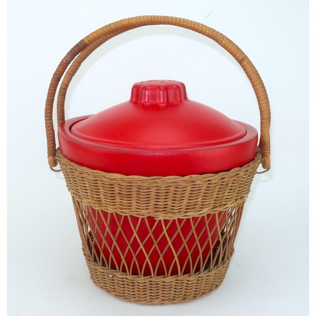 b.f. Goodrich N'icer Red Ice Bucket With Wicker Basket Carrier, 1950's For Sale - Image 4 of 13