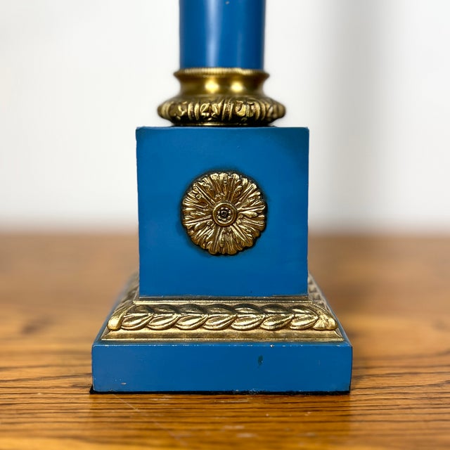 1950s Neoclassical Lapis Lazuli Blue Plated Solid Brass Column Table Lamp For Sale - Image 5 of 13