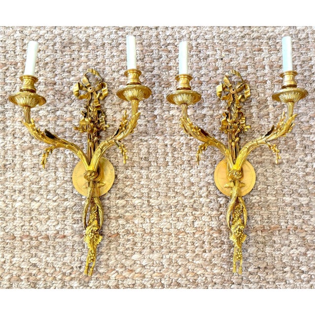 Louis XVI Style Ormolu Two‑Light Sconces, Attributed to P.E. Guerin For Sale - Image 6 of 12