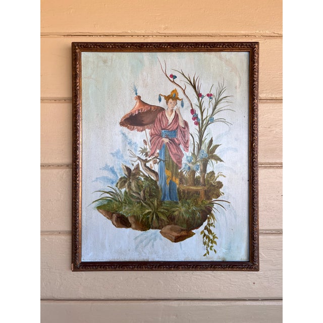 Chinoiserie Chic Style Oil on Wood Painting of Women on the Floating Garden in Gilt Frame For Sale - Image 9 of 10