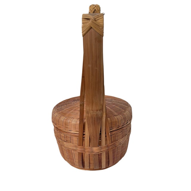 Vintage Wicker Chinese Wedding Basket With Handle 15”Dx25”H For Sale - Image 4 of 8