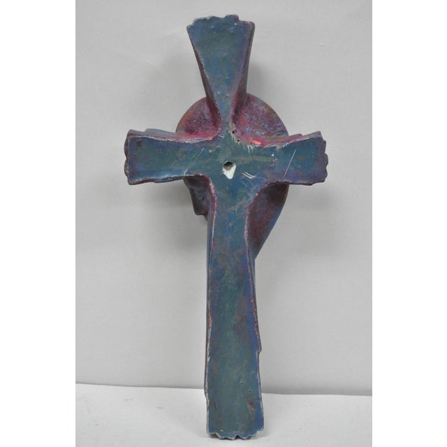 Vintage Religious Jesus Sculpted Resin Blue Mid Century Wall Crucifix Cross For Sale - Image 11 of 14