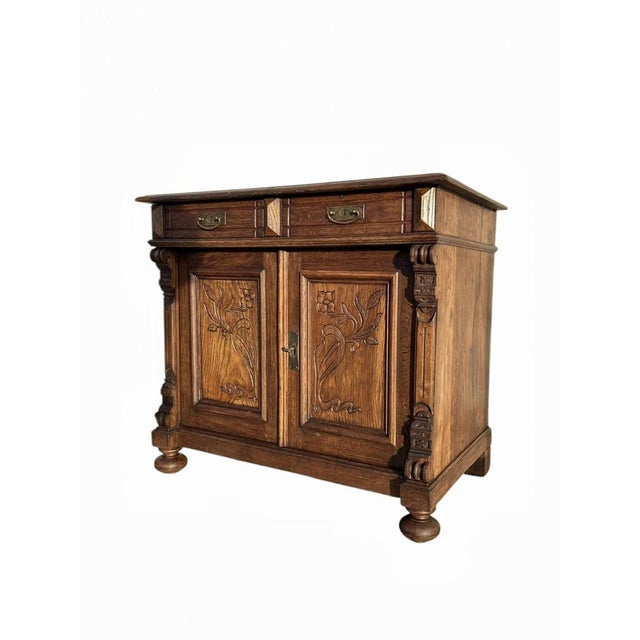 Antique French Art Nouveau Oak Buffet with Floral Details, 1890s For Sale - Image 3 of 12