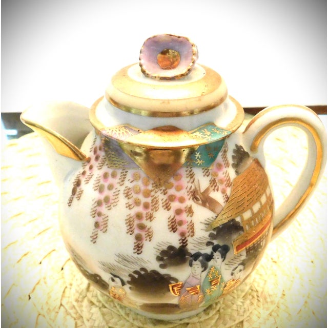 Antique Porcelain Japanese Scenic Kutani Three Piece Tea Service For Sale - Image 12 of 16