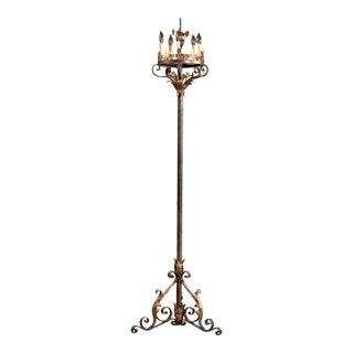 Early 20th Century Monumental Gothic Revival Wrought Iron Floor Candelabra Lamp For Sale