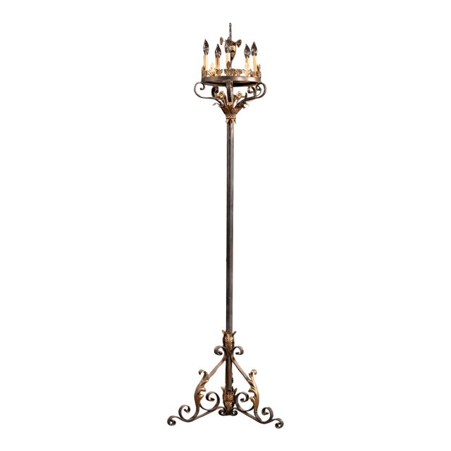 Early 20th Century Monumental Gothic Revival Wrought Iron Floor Candelabra Lamp For Sale