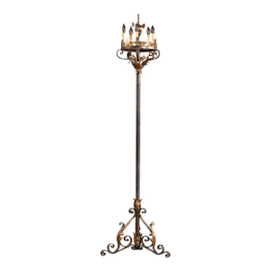 Early 20th Century Monumental Gothic Revival Wrought Iron Floor Candelabra Lamp