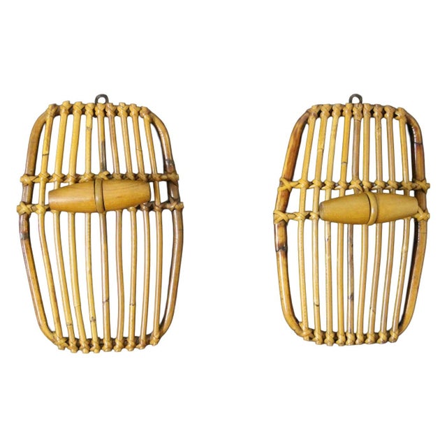 Rattan and Bamboo Coat Rack with Mirror in the style of Franco Albini, Italy, 1960s, Set of 2 For Sale - Image 12 of 12