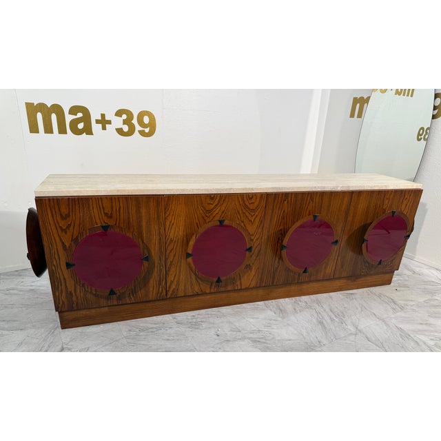Italian Mid-Century Modern Sideboard With Travertine Top & Circular Red Accents, 1970s For Sale - Image 4 of 9
