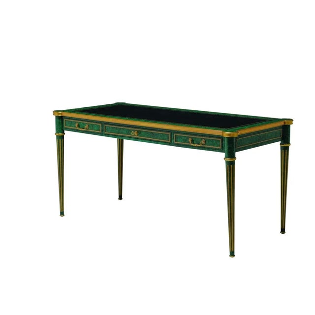 Painted Faux Malachite Desk with Black Leather Inlay with Gold Tooling, Soft Brass Accents