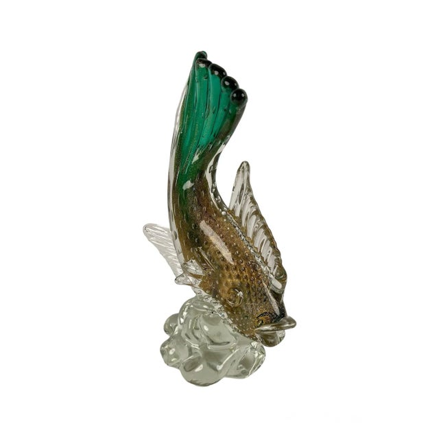 Beautiful, early Murano hand blown Sommerso Green, controlled bubble and gold leaf Italian art glass fish sculpture on...