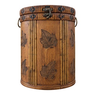 Vintage Bamboo Rattan Wood Storage Chest Brass Accents Woven Basket With Lid 16” For Sale