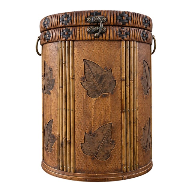 Vintage Bamboo Rattan Wood Storage Chest Brass Accents Woven Basket With Lid 16” For Sale
