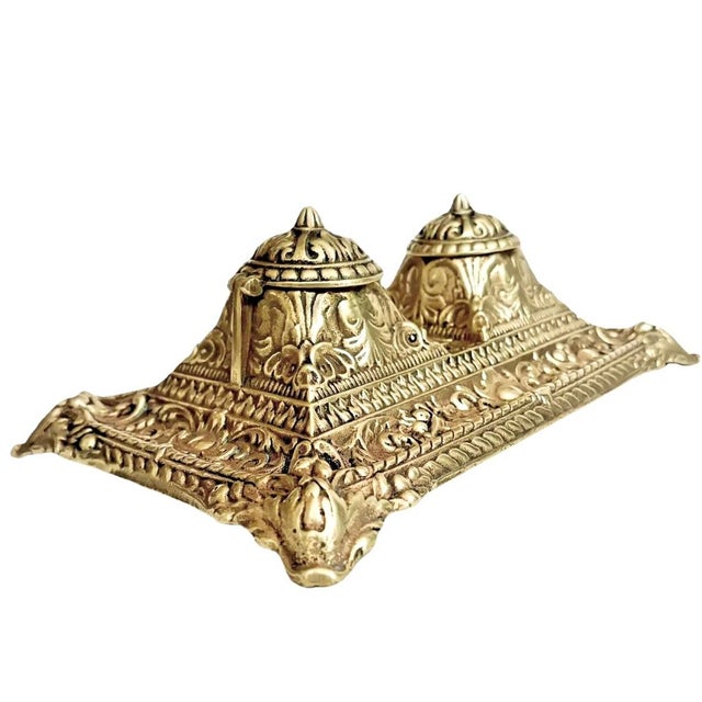 Rococo Antique Solid Brass French Déposé Footed Desktop Rococo Double Inkwell For Sale - Image 3 of 9