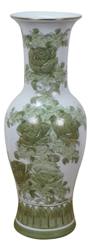 Vintage Japanese Kutani White Green Floral Porcelain Mantel Vase Urn