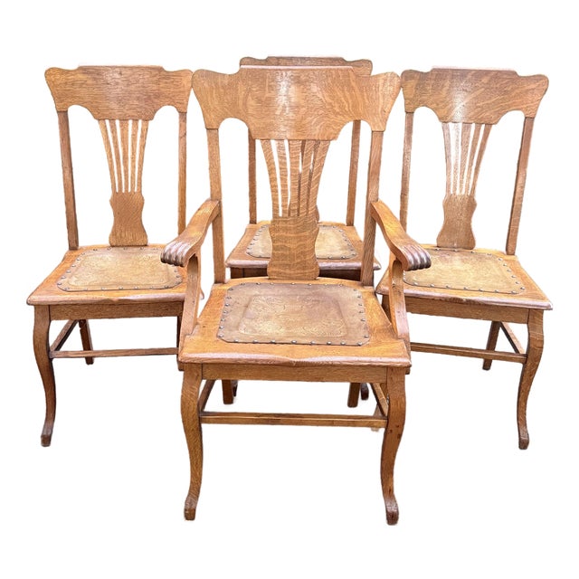 Antique Quarter-Sawn Oak Dining Chairs With Embossed Leather Seats - Set of 4 For Sale