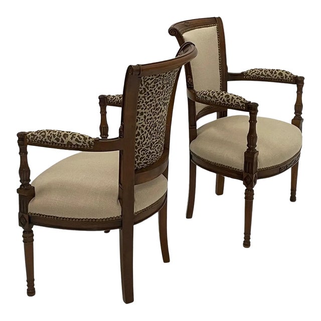 Carved Walnut Armchairs Upholstered in Linen & Leopard - A Pair For Sale