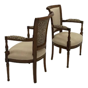 Carved Walnut Armchairs Upholstered in Linen & Leopard - A Pair