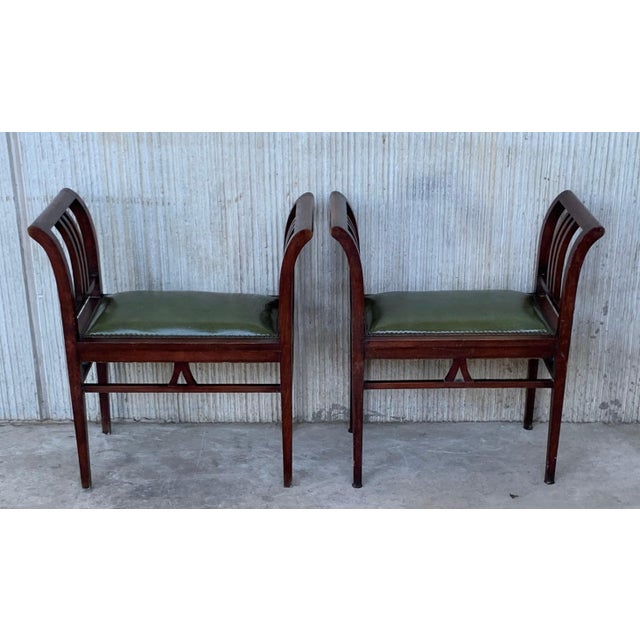 Mid 20th Century Set of Four Art Deco Stools in Walnut with Arms and Seat Leather For Sale - Image 10 of 18