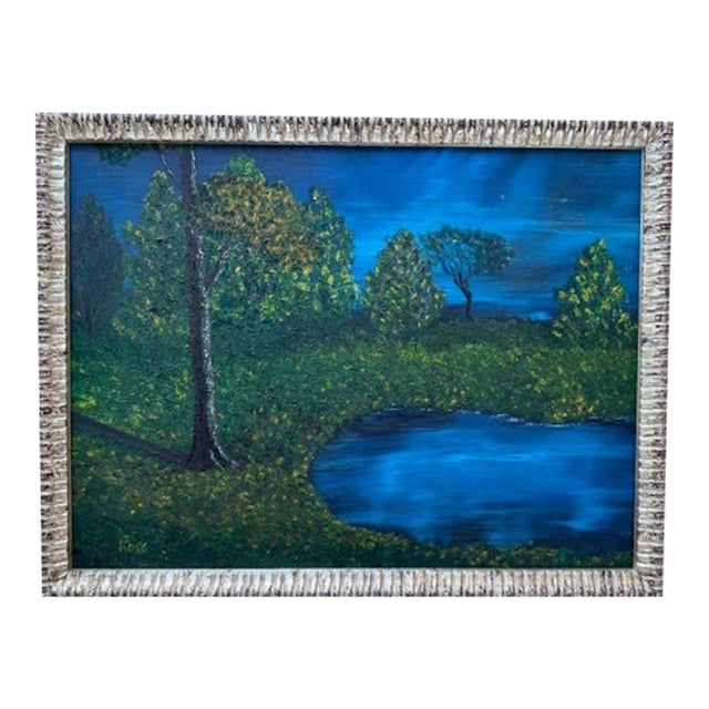 Vintage Oil Painting Depicting Tranquil Evening by a Pond For Sale