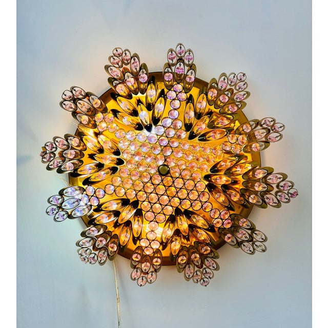 Vintage Brass Sunburst Ceiling Light, Hand-Painted Pink Crystal Beaded Mandala Chandelier, 10-Light Flush Mount For Sale - Image 12 of 18