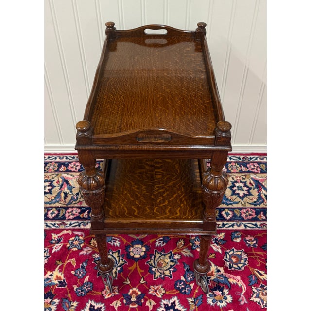 Antique English Trolley Tea Cart Pastry Cocktail Bar Cart Tray Tudor Oak 1930s For Sale - Image 9 of 15