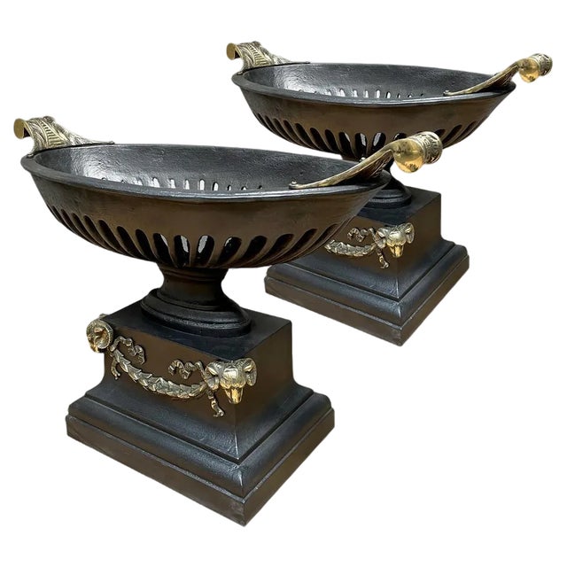 Regency Style Urn Fire Basket Grates in Cast Iron and Brass, 1900, Set of 2 For Sale