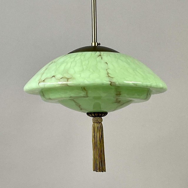Green Marbled Opaline and Burnished Brass Pendant with Tassel, Germany, 1930s For Sale - Image 4 of 17