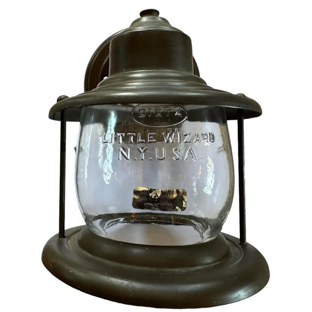American Single Copper and Glass Jar Wall Sconce Stamped “Dietz Little Wizard, n.y. Usa, Circa 1910 For Sale - Image 3 of 4