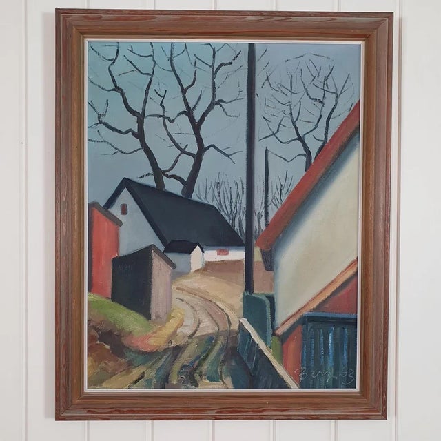 This original mid-century oil painting on canvas is signed berg and dated 1963. the painting depicts a quiet village...