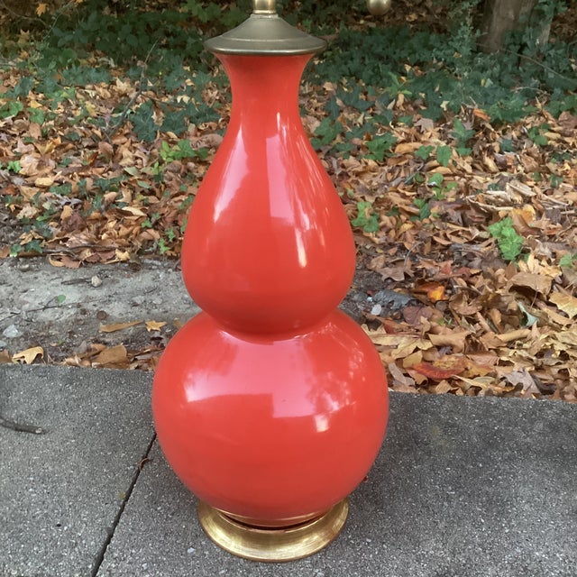 Mid-Century Modern Christopher Spitzmiller Coral Double Gourd Lamps in Coral With Gilt Bases - a Pair For Sale - Image 3 of 7