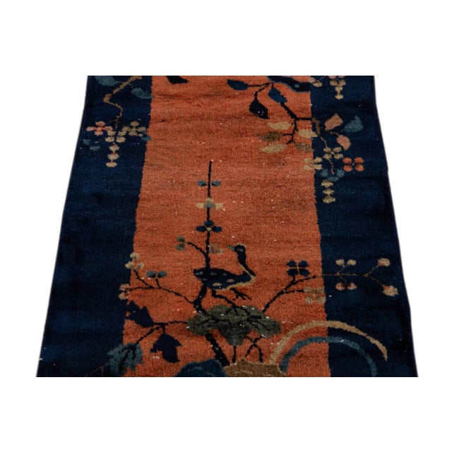 Art Deco Antique Art Deco Handmade Tan and Blue Floral Scatter Wool Rug For Sale - Image 3 of 10