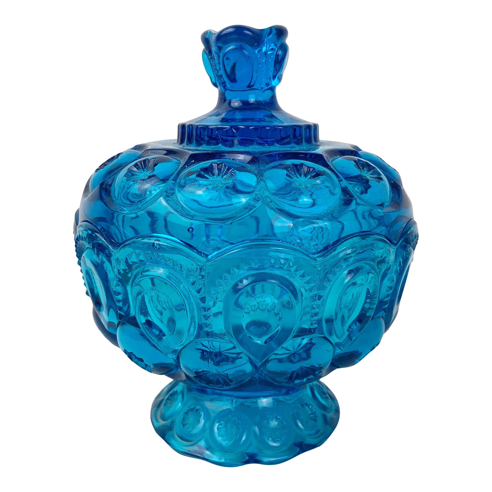 1950s L E Smith Moon & Stars Turquoise Blue Glass Lidded Candy Dish