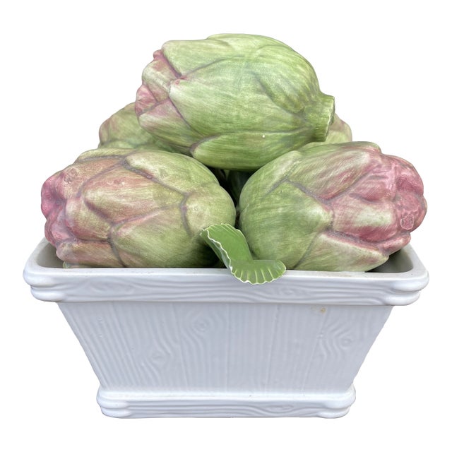 Vintage Italian Ceramic Artichoke Centerpiece in White Planter For Sale