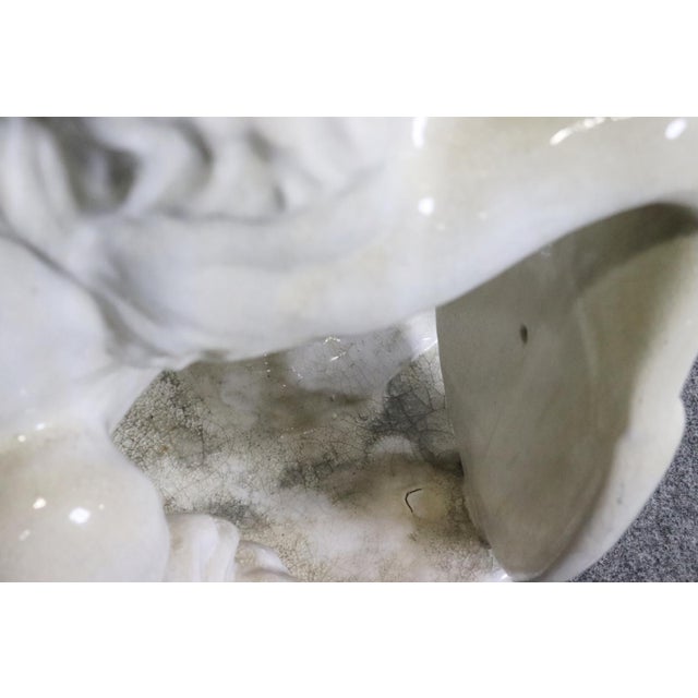 Pair Large White Glazed Ceramic Figures of Entryway Lions Paws Raised on Shield For Sale - Image 9 of 12