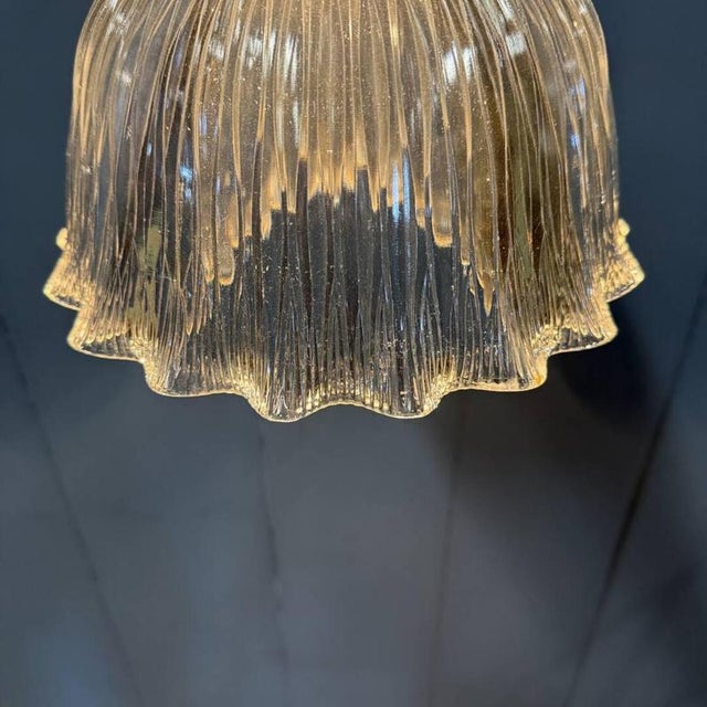 Asteroid Pressed Glass Holophane Pendant Lamp with Brass Fixture, 1920s For Sale - Image 8 of 18