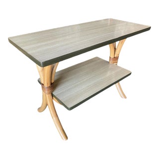 Restored "Hour Glass" Two-Tier Rattan Side Table For Sale