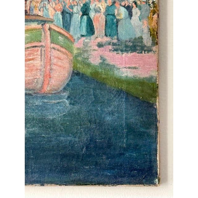 Early 20th Century Vintage Oil on Canvas European River Town at Night For Sale - Image 5 of 14