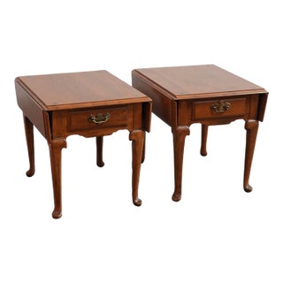 Vintage 1980s Ethan Allen End Tables - Queen Anne Style Cherry Wood Drop Leaf Nightstands Set of 2 For Sale