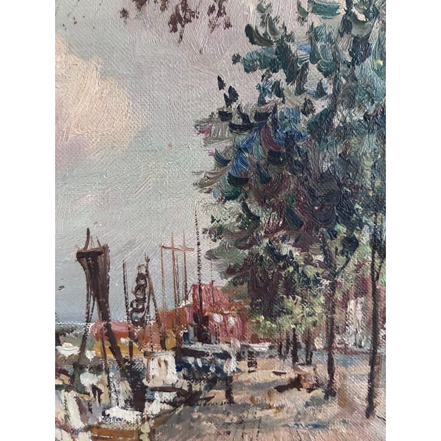 Vintage Original Scandinavian Harbor Oil Painting For Sale - Image 10 of 16