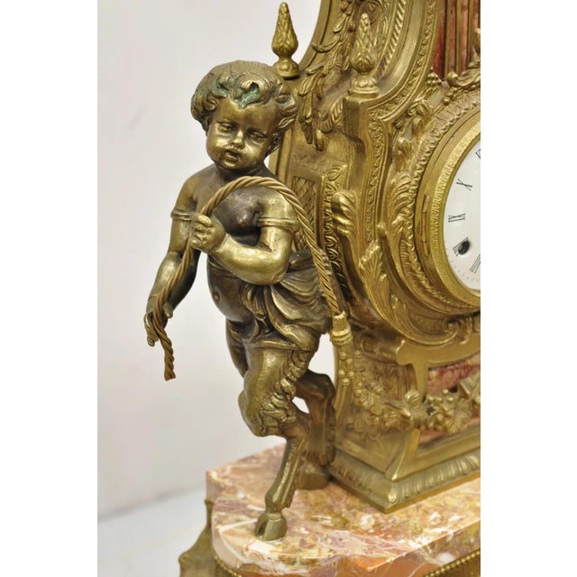 Metal Vintage French Louis XV Style Brevetatto Italy Brass Marble Figural Cherub Clock For Sale - Image 7 of 12