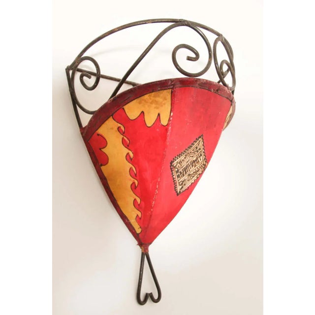Late 20th Century Vintage Moroccan Berber Painted-Hide Wall Sconce Shade, Iron Frame For Sale - Image 5 of 11